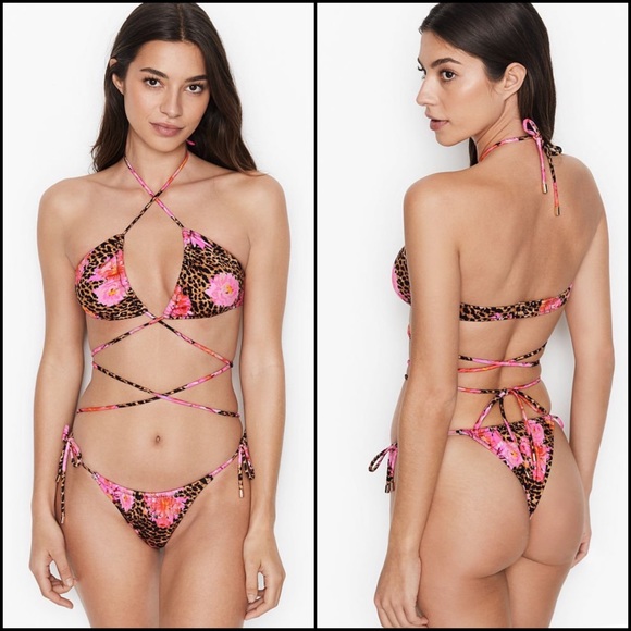 VS Floral Leopard Wrap Strap Tie Triangle Bikini Matching Set Top Bottoms - Picture 9 of 14